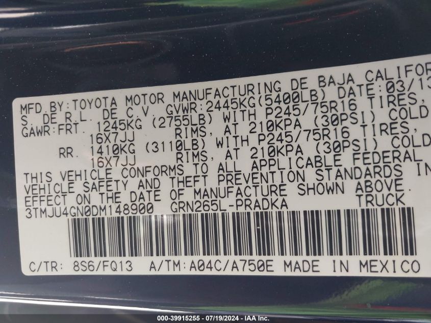 2013 Toyota Tacoma Prerunner V6 VIN: 3TMJU4GN0DM148900 Lot: 39915255