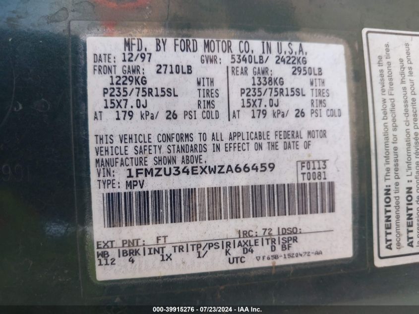 1998 Ford Explorer Eddie Bauer/Limited/Xl/Xlt VIN: 1FMZU34EXWZA66459 Lot: 39915276