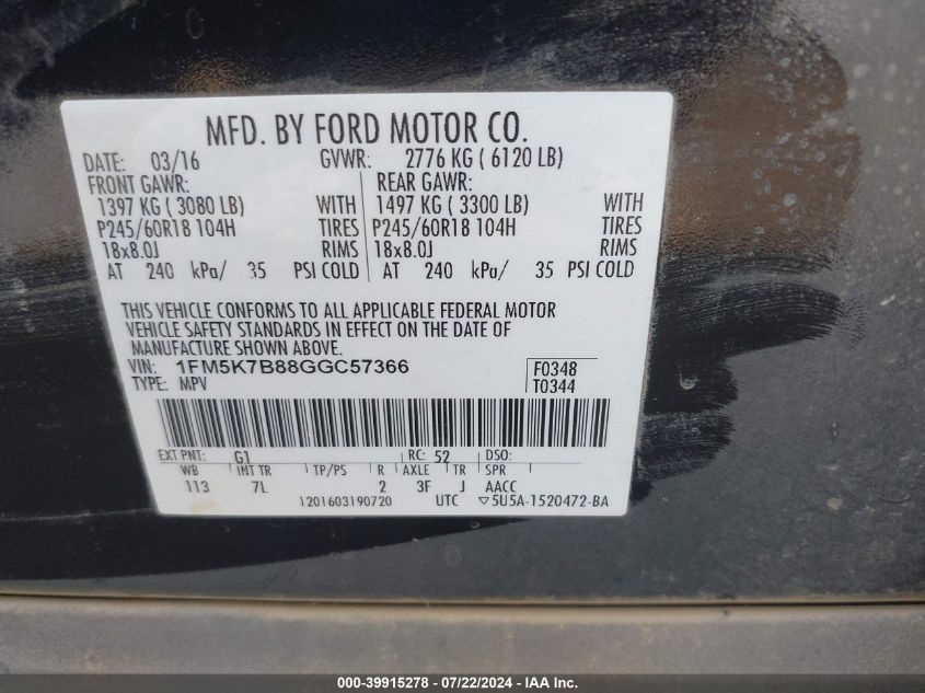 2016 Ford Explorer VIN: 1FM5K7B88GGC57366 Lot: 39915278