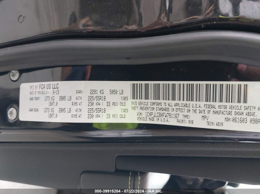 2015 Jeep Cherokee Latitude Altitude VIN: 1C4PJLCBXFW791167 Lot: 39915284