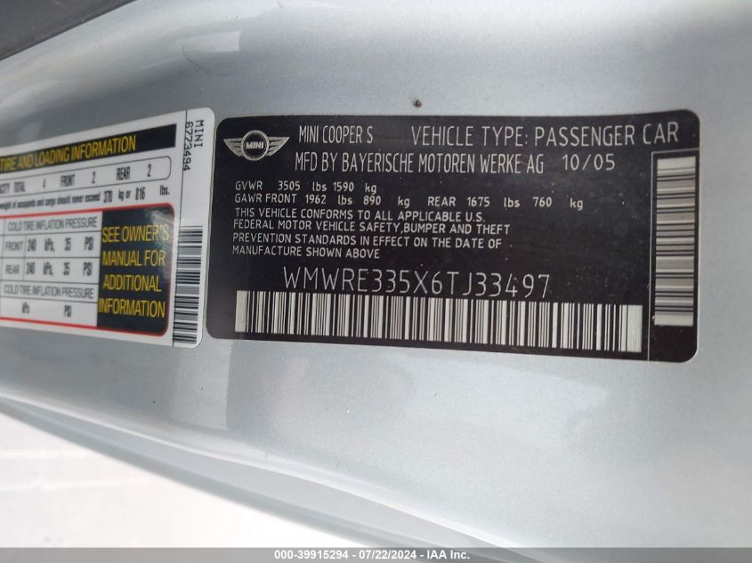 2006 Mini Cooper S VIN: WMWRE335X6TJ33497 Lot: 39915294