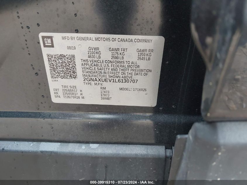 2020 Chevrolet Equinox Lt VIN: 2GNAXUEV1L6130707 Lot: 39915310