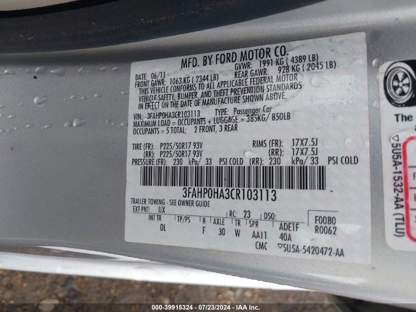 2012 Ford Fusion Se VIN: 3FAHP0HA3CR103113 Lot: 39915324