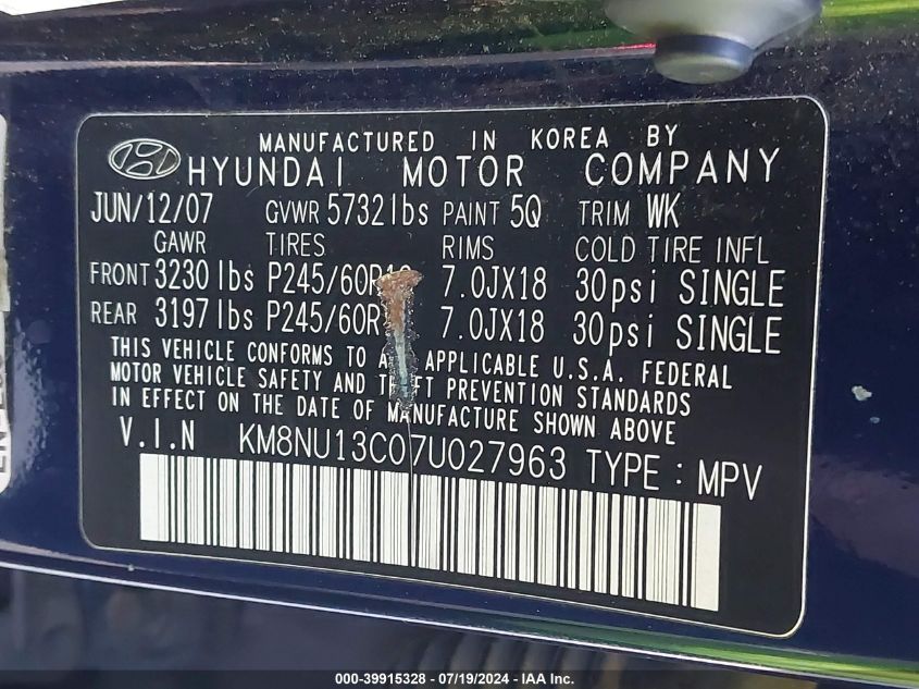 2007 Hyundai Veracruz Gls/Limited/Se VIN: KM8NU13C07U027963 Lot: 39915328