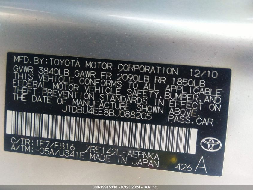 2011 Toyota Corolla Le VIN: JTDBU4EE8BJ088205 Lot: 39915330