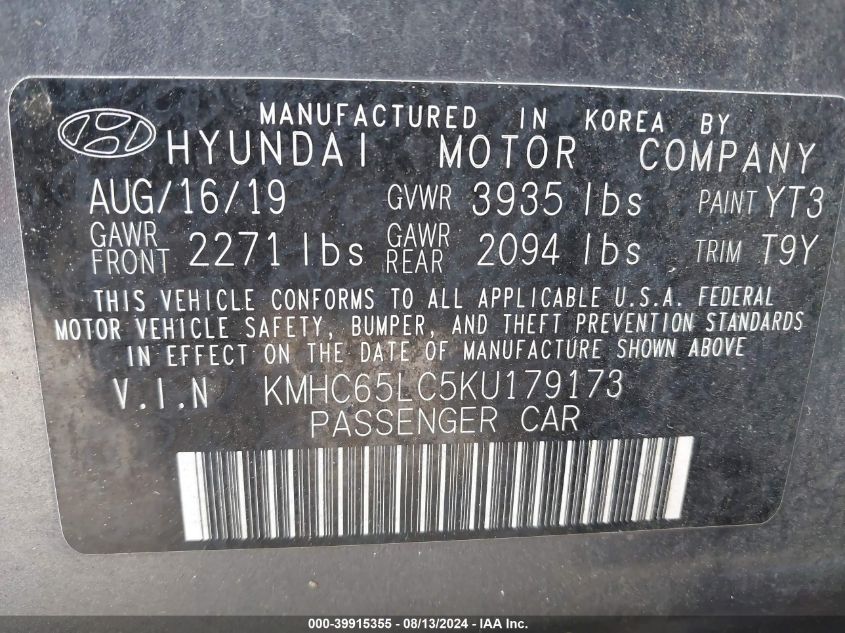 KMHC65LC5KU179173 2019 Hyundai Ioniq Hybrid Blue