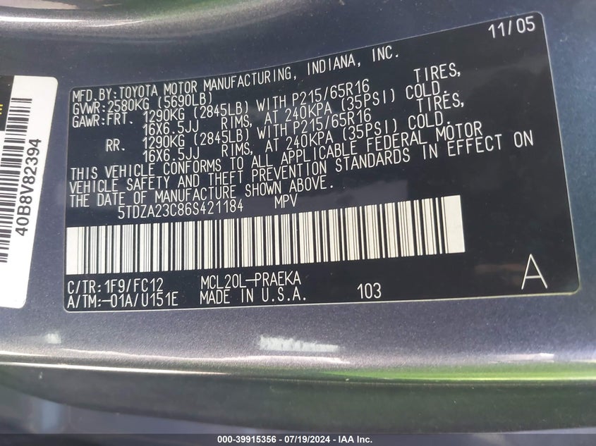 2006 Toyota Sienna Le VIN: 5TDZA23C86S421184 Lot: 39915356