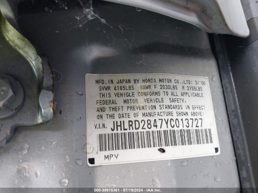 2000 Honda Cr-V Lx VIN: JHLRD2847YC013727 Lot: 39915361