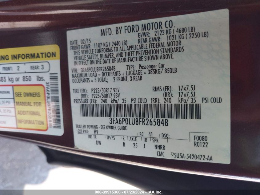 2015 Ford Fusion Hybrid Se VIN: 3FA6P0LU8FR265848 Lot: 39915366