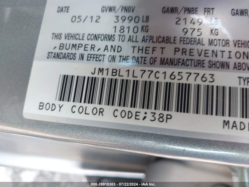 2012 Mazda Mazda3 I Touring VIN: JM1BL1L77C1657763 Lot: 39915383