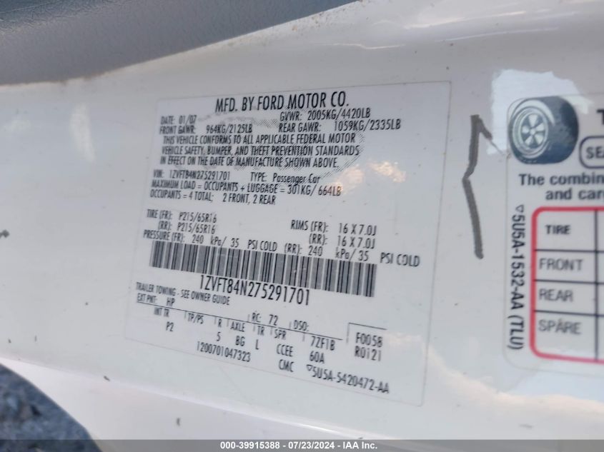 2007 Ford Mustang V6 Deluxe/V6 Premium VIN: 1ZVFT84N275291701 Lot: 39915388