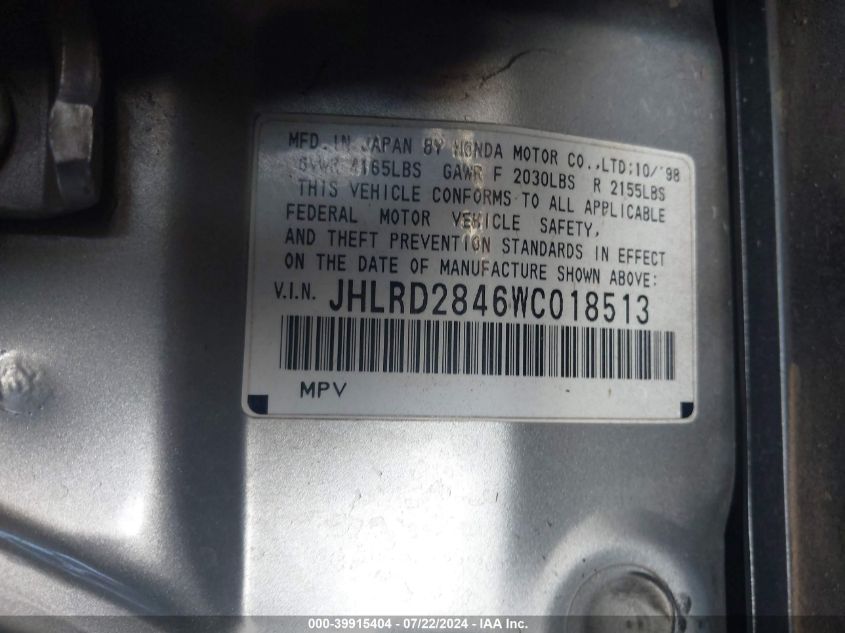 1998 Honda Cr-V Lx VIN: JHLRD2846WC018513 Lot: 39915404