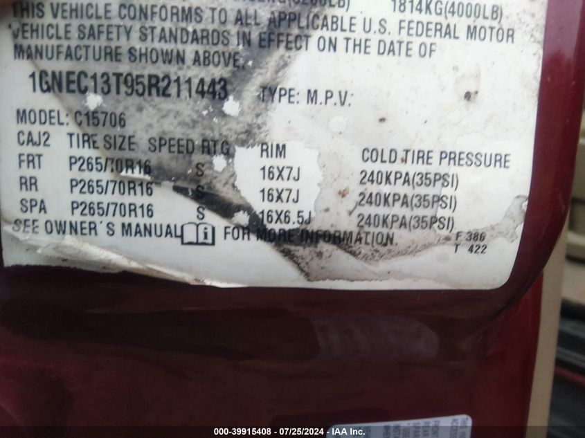 2005 Chevrolet Tahoe C1500 VIN: 1GNEC13T95R211443 Lot: 39915408