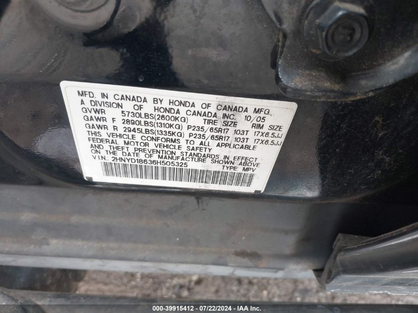 2006 Acura Mdx VIN: 2HNYD18636H505325 Lot: 39915412