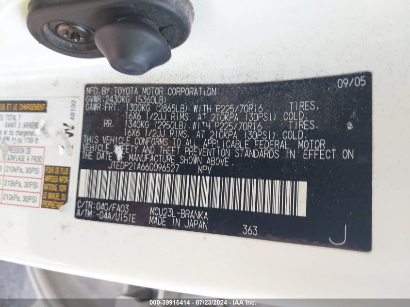 2006 Toyota Highlander V6 VIN: JTEDP21A660096527 Lot: 39915414