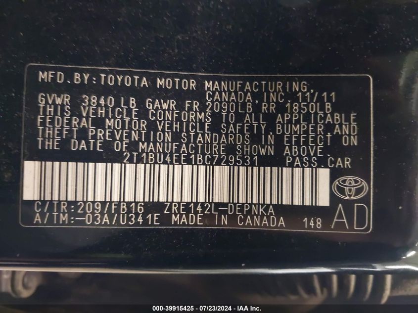 2011 Toyota Corolla Le VIN: 2T1BU4EE1BC729531 Lot: 39915425