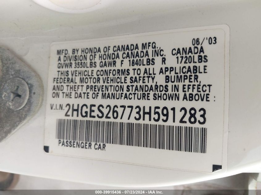 2003 Honda Civic Ex VIN: 2HGES26773H591283 Lot: 39915436