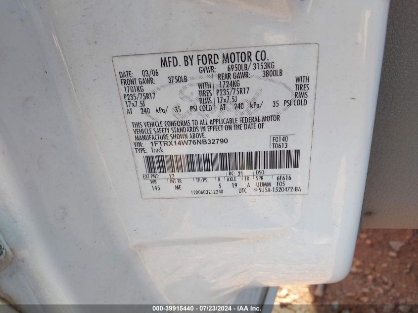 2006 Ford F-150 VIN: 1FTRX14W76NB32790 Lot: 39915440