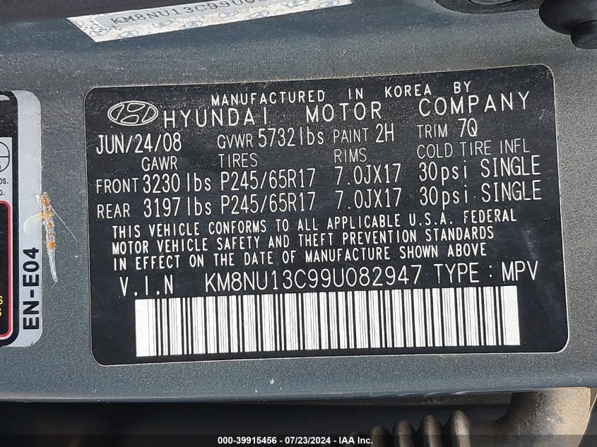 2009 Hyundai Veracruz Gls VIN: KM8NU13C99U082947 Lot: 39915456