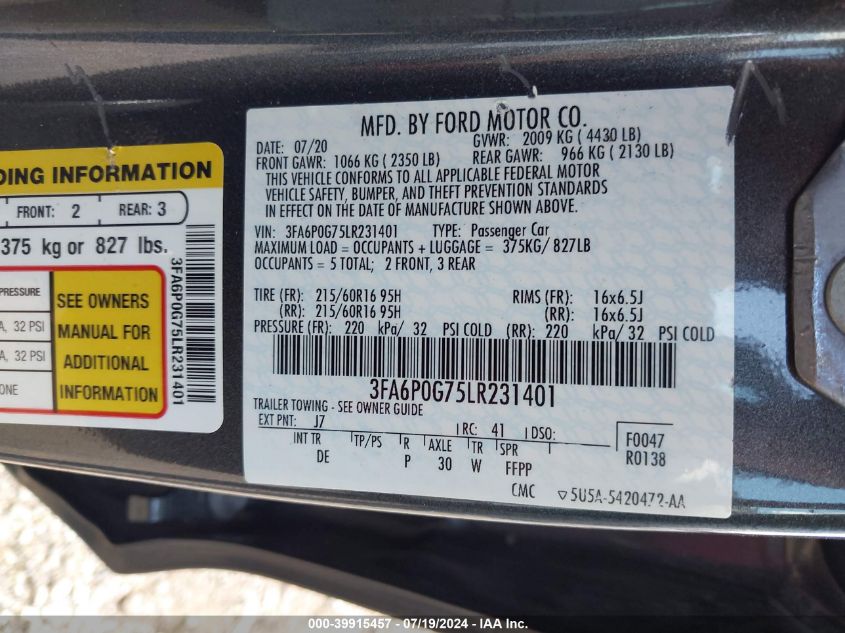 2020 Ford Fusion S VIN: 3FA6P0G75LR231401 Lot: 39915457