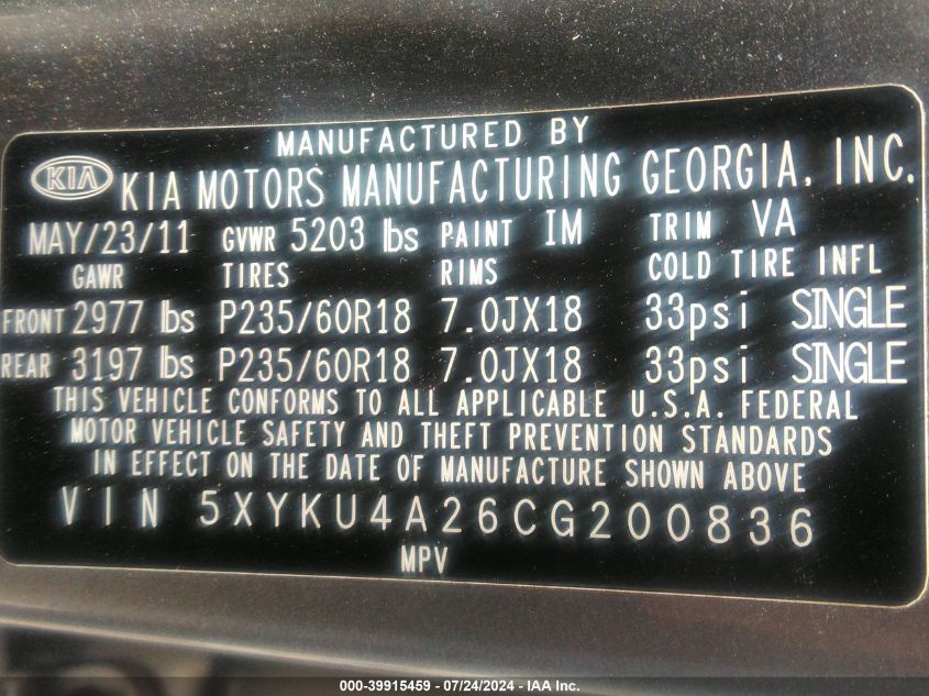 2012 Kia Sorento Ex V6 VIN: 5XYKU4A26CG200836 Lot: 39915459