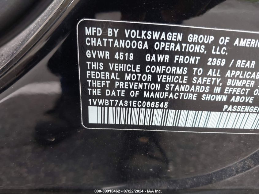 2014 Volkswagen Passat 1.8T Se VIN: 1VWBT7A31EC066545 Lot: 39915462