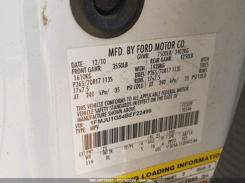 2011 Ford Expedition Xl VIN: 1FMJU1G54BEF22499 Lot: 39915491