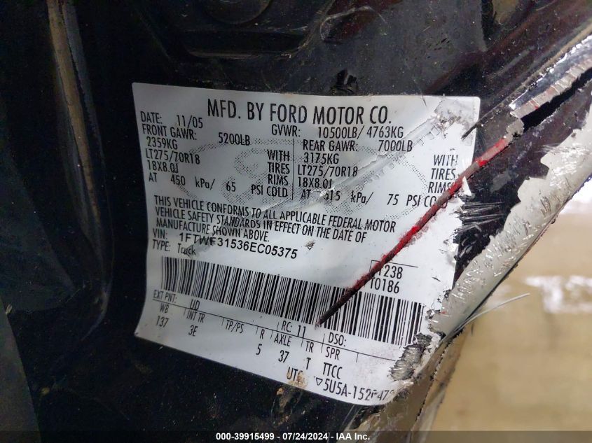 2006 Ford F-350 Xl/Xlt VIN: 1FTWF31536EC05375 Lot: 39915499