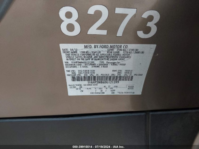 2013 Ford Police Interceptor VIN: 1FAHP2M86DG121399 Lot: 39915514