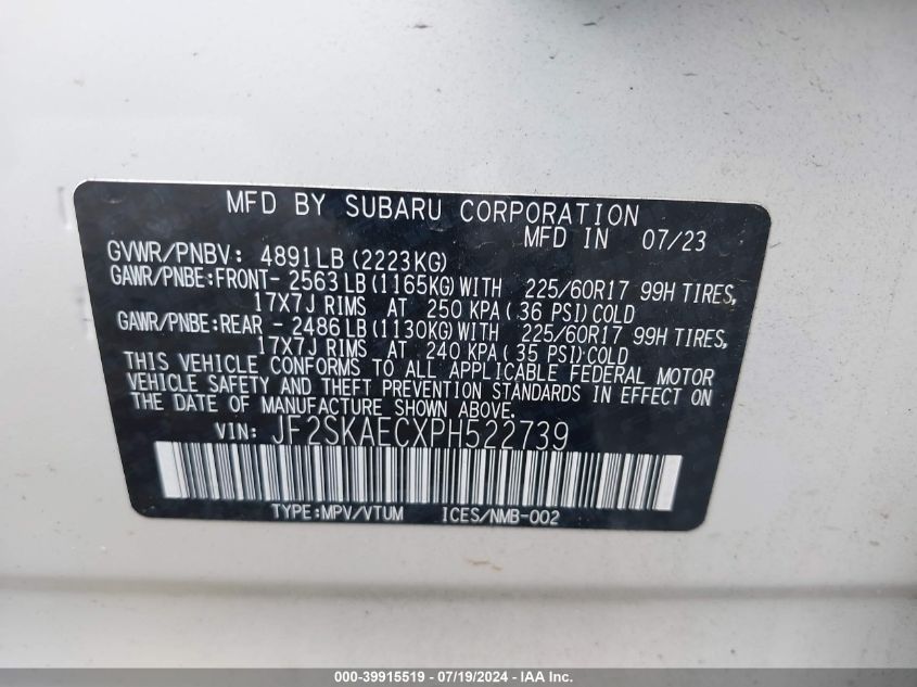 2023 Subaru Forester Premium VIN: JF2SKAECXPH522739 Lot: 39915519