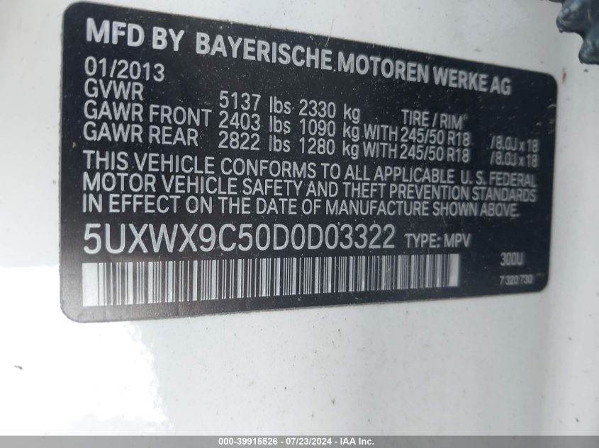 2013 BMW X3 xDrive28I VIN: 5UXWX9C50D0D03322 Lot: 39915526