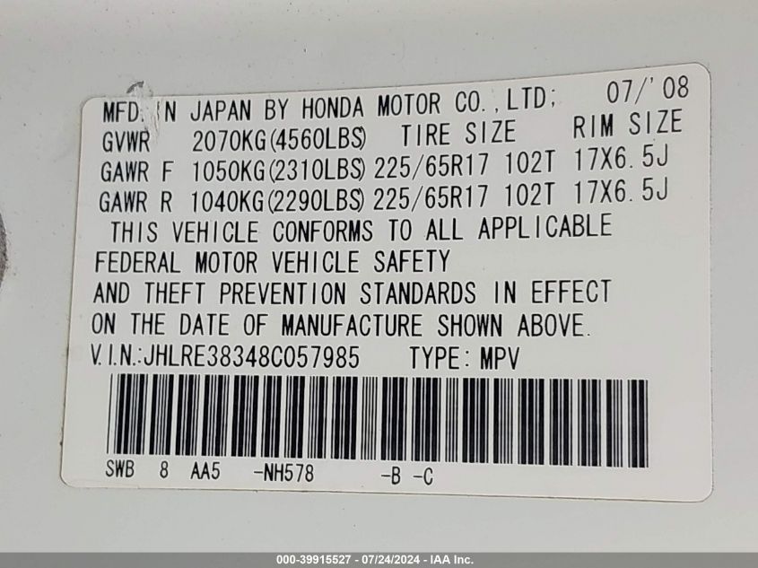 2008 Honda Cr-V Lx VIN: JHLRE38348C057985 Lot: 39915527
