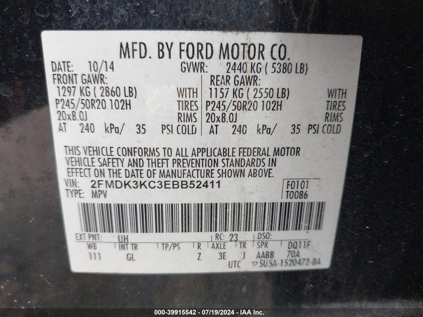 2014 Ford Edge Limited VIN: 2FMDK3KC3EBB52411 Lot: 39915542