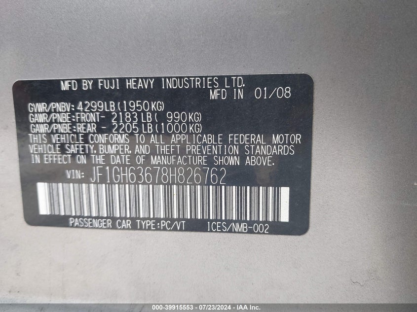 2008 Subaru Impreza Outback Sport VIN: JF1GH63678H826762 Lot: 39915553