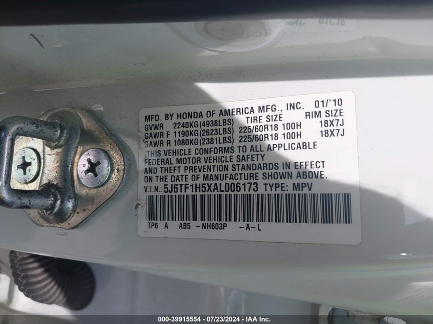 2010 Honda Accord Crosstour Ex-L VIN: 5J6TF1H5XAL006173 Lot: 39915554