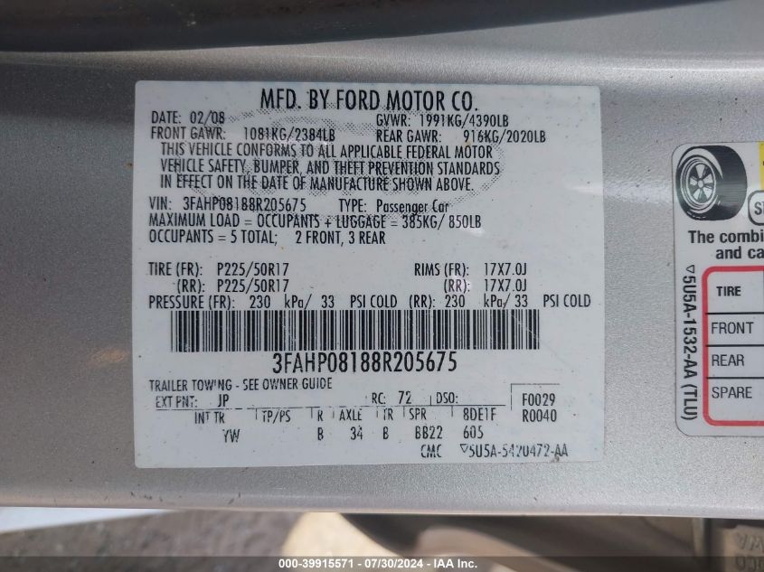 2008 Ford Fusion Sel VIN: 3FAHP08188R205675 Lot: 39915571