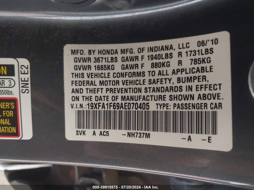 2010 Honda Civic Lx-S VIN: 19XFA1F69AE070405 Lot: 39915575