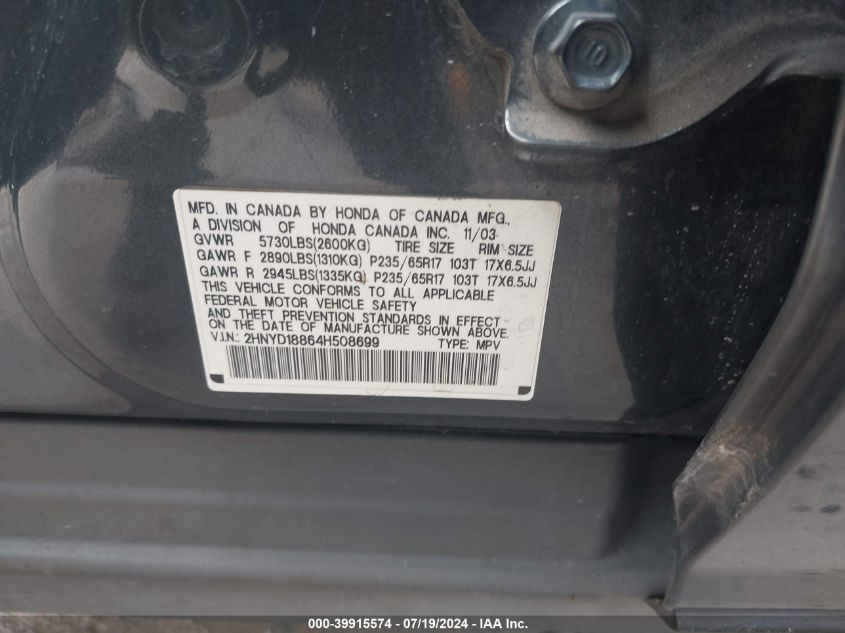 2004 Acura Mdx VIN: 2HNYD18864H508699 Lot: 39915574