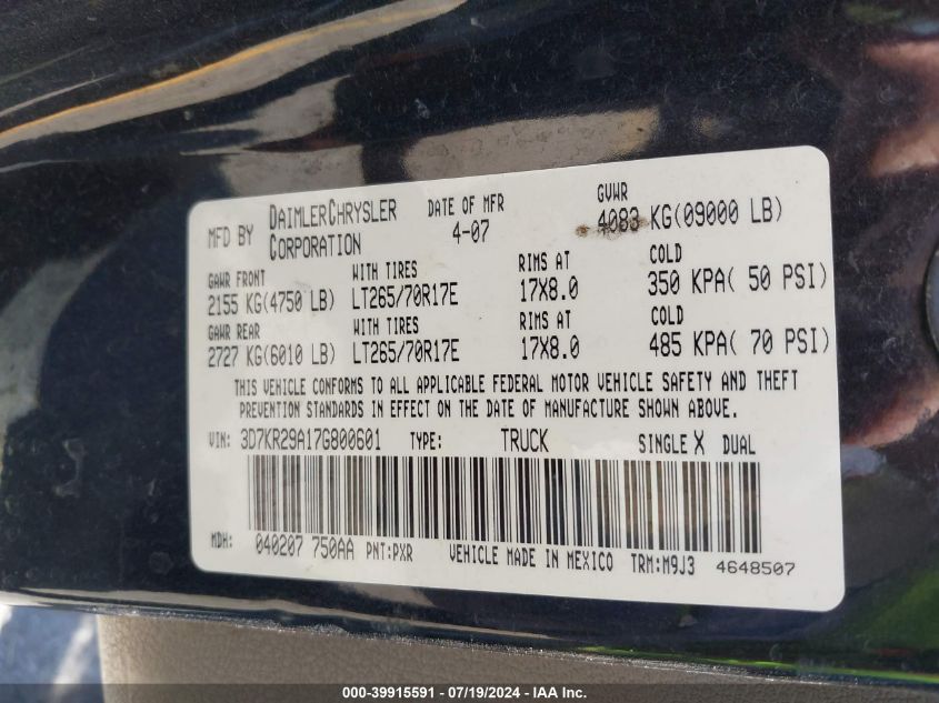 2007 Dodge Ram 2500 VIN: 3D7KR29A17G800601 Lot: 39915591