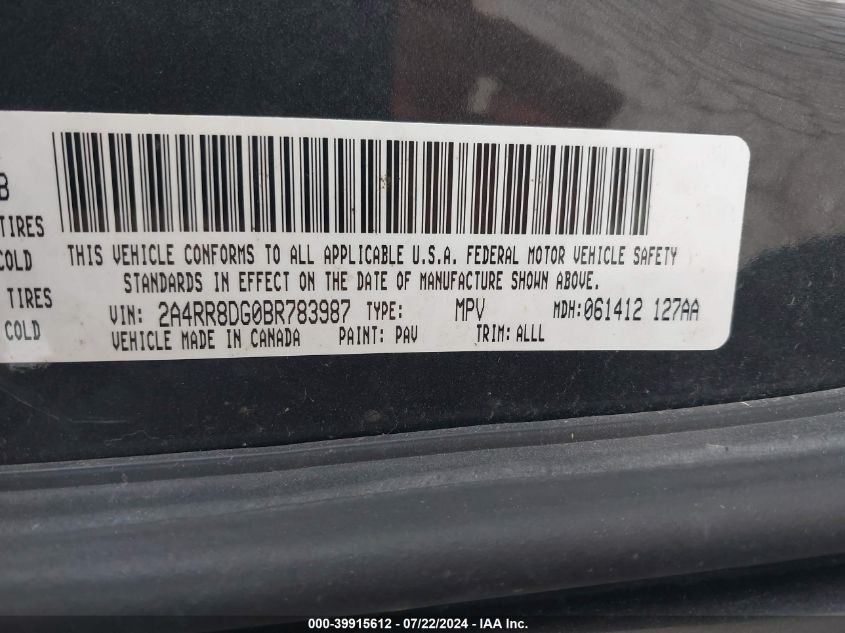 2011 Chrysler Town & Country Touring-L VIN: 2A4RR8DG0BR783987 Lot: 39915612