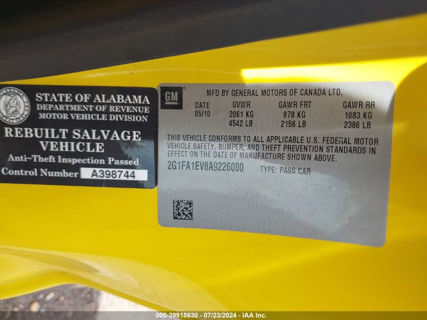 2010 Chevrolet Camaro 1Ls VIN: 2G1FA1EV8A9226000 Lot: 39915630