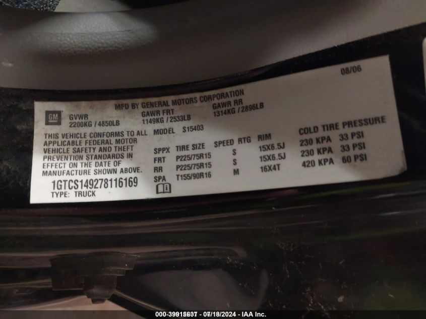 2007 GMC Canyon Sl VIN: 1GTCS149278116169 Lot: 39915637