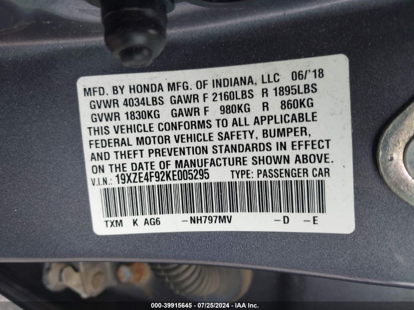 2019 Honda Insight Touring VIN: 19XZE4F92KE005295 Lot: 39915645