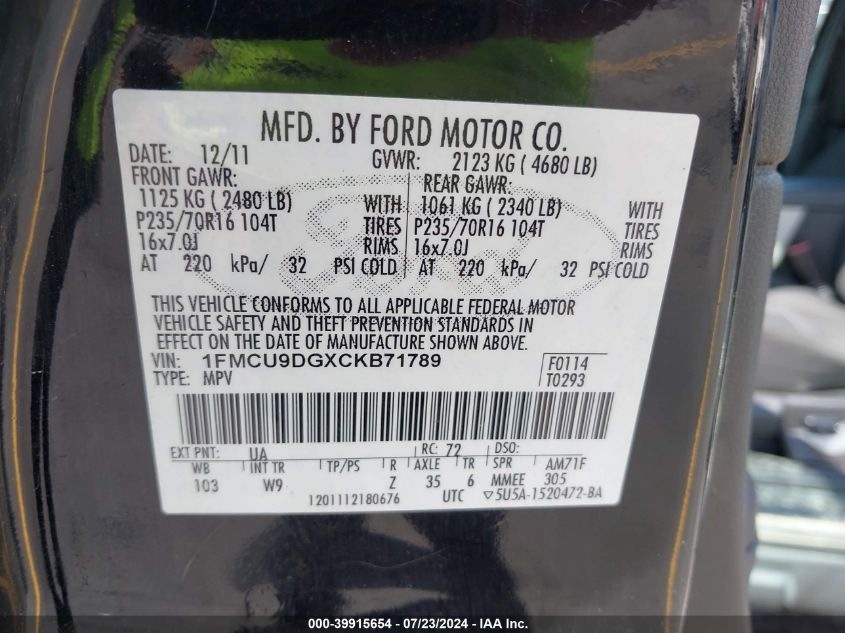 2012 Ford Escape Xlt VIN: 1FMCU9DGXCKB71789 Lot: 39915654