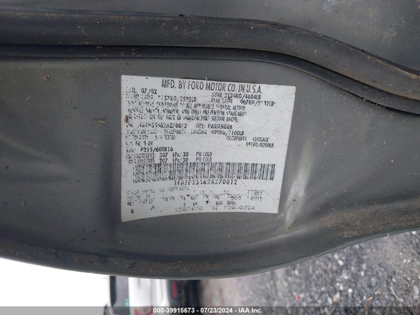 2002 Ford Taurus Ses VIN: 1FAFP55S62A270012 Lot: 39915673