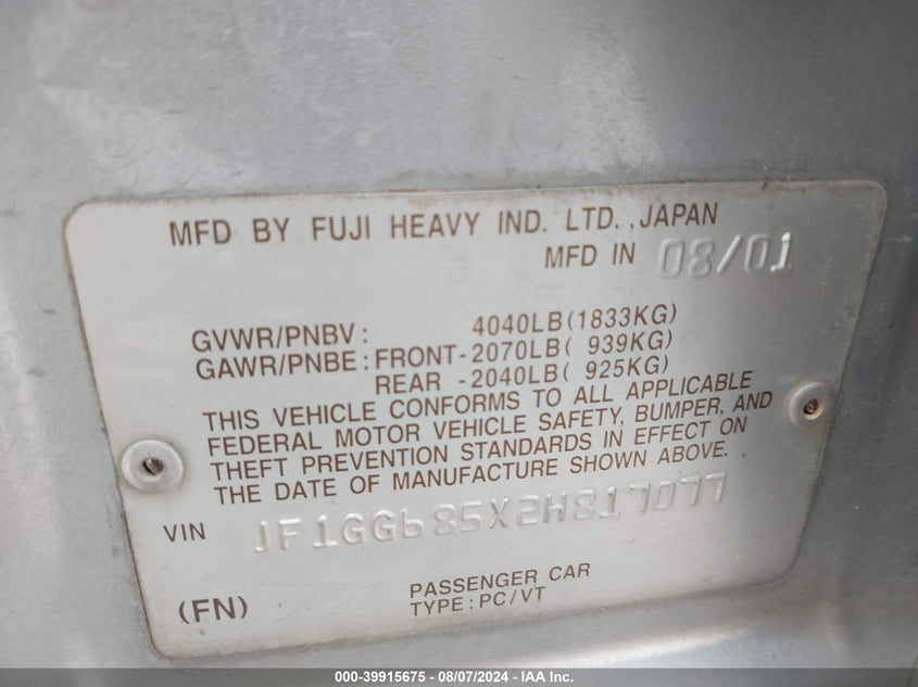 2002 Subaru Impreza Outback Sport VIN: JF1GG685X2H817077 Lot: 39915675