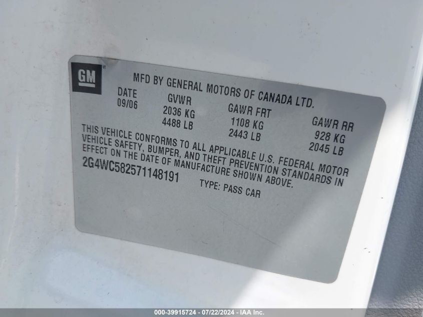 2007 Buick Lacrosse Cx VIN: 2G4WC582571148191 Lot: 39915724