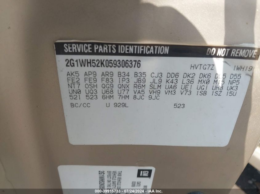 2005 Chevrolet Impala Ls VIN: 2G1WH52K059306376 Lot: 39915733