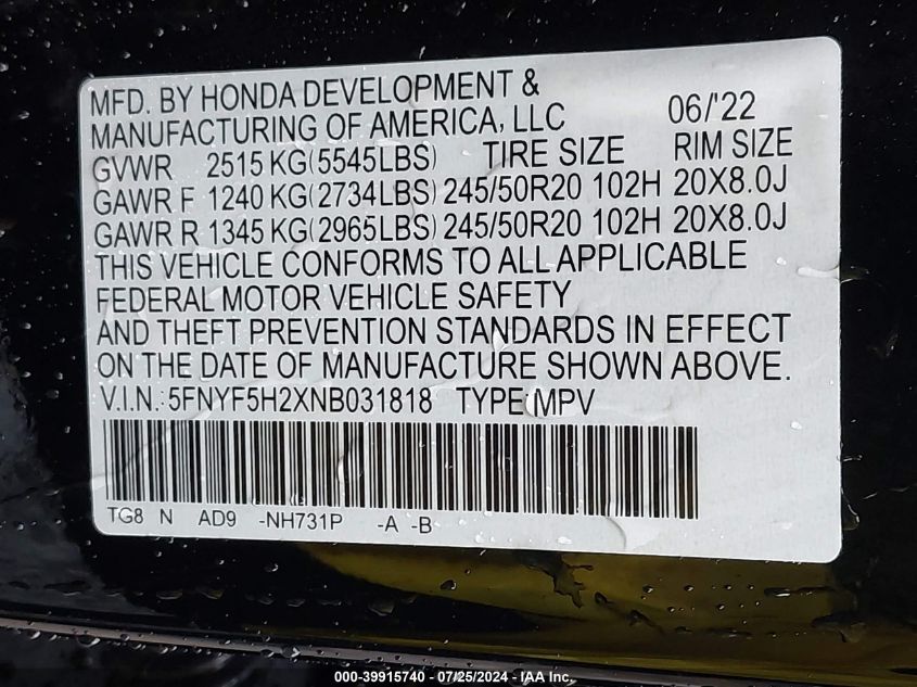 2022 Honda Pilot 2Wd Special Edition VIN: 5FNYF5H2XNB031818 Lot: 39915740