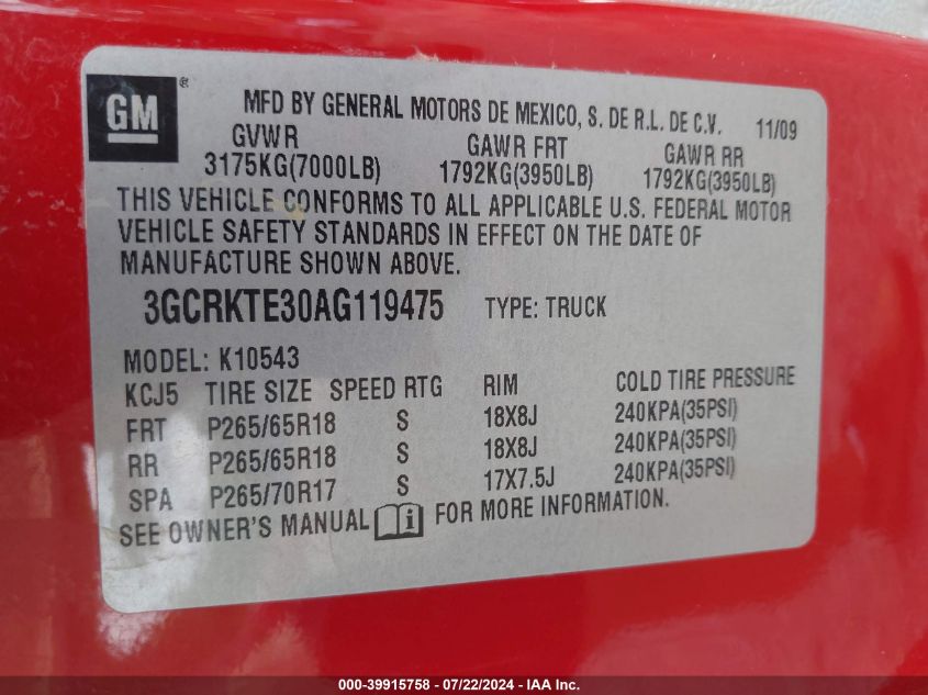 2010 Chevrolet Silverado 1500 Ltz VIN: 3GCRKTE30AG119475 Lot: 39915758